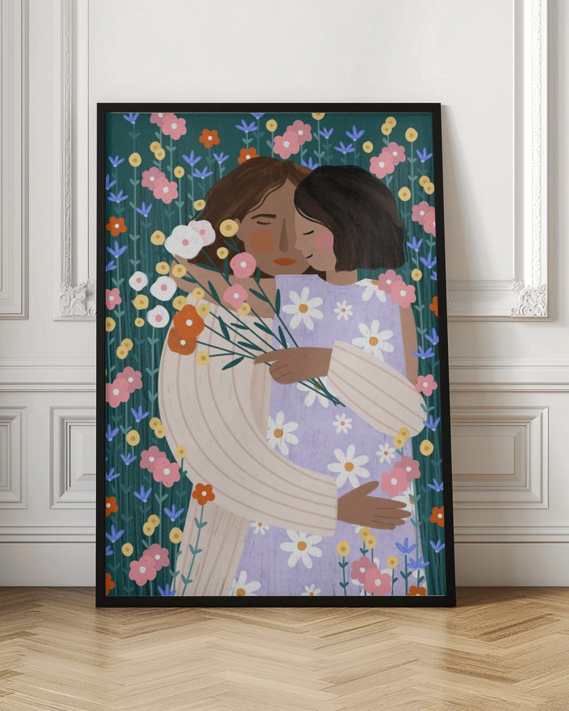Mother and Daughter in wildflower garden - Stretched Canvas, Poster or Fine Art Print I Heart Wall Art