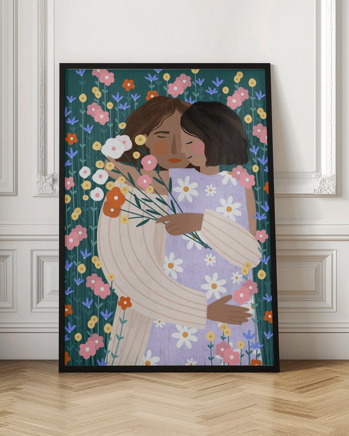 Mother and Daughter in wildflower garden - Stretched Canvas, Poster or Fine Art Print I Heart Wall Art