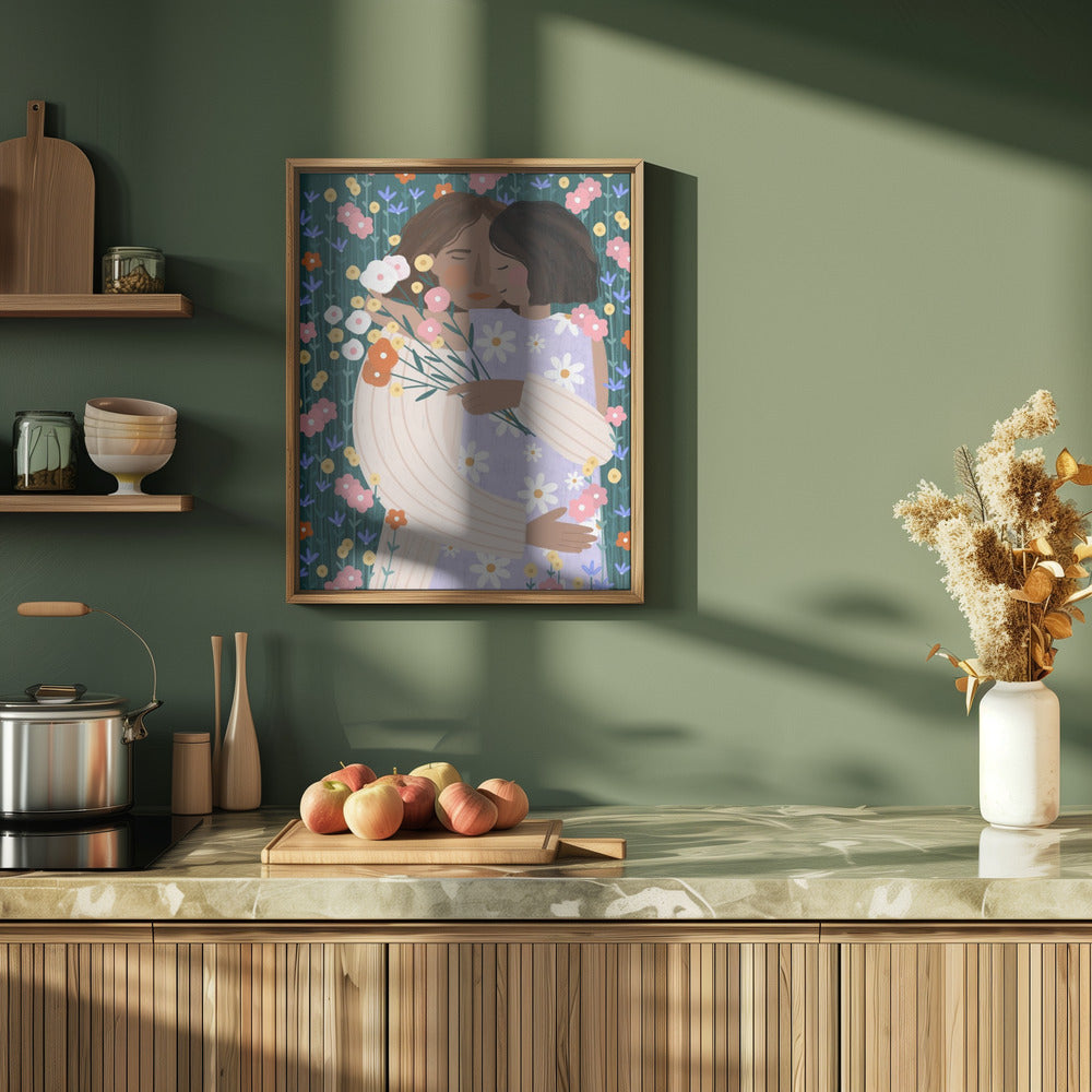 Mother and Daughter in wildflower garden - Stretched Canvas, Poster or Fine Art Print I Heart Wall Art