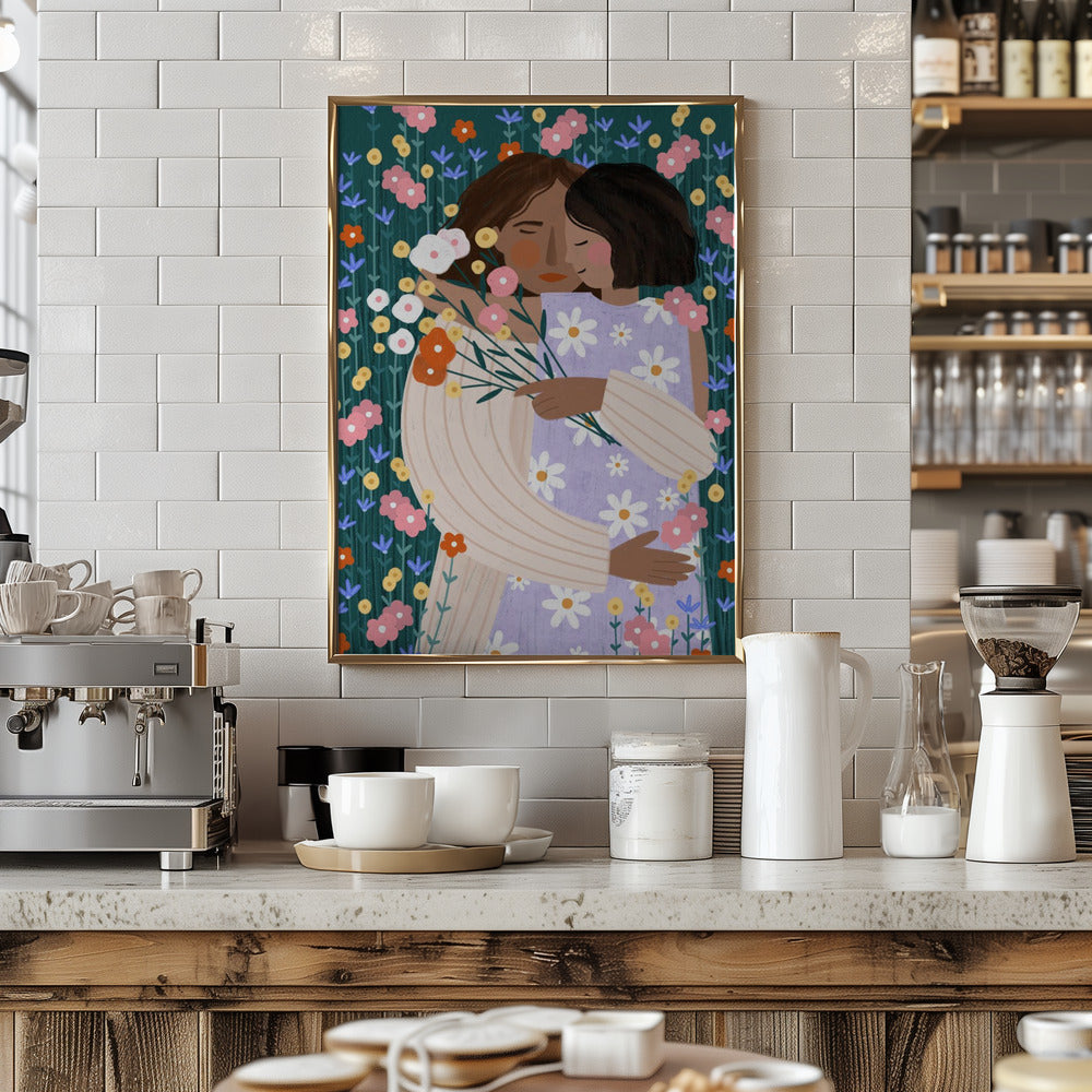 Mother and Daughter in wildflower garden - Stretched Canvas, Poster or Fine Art Print I Heart Wall Art