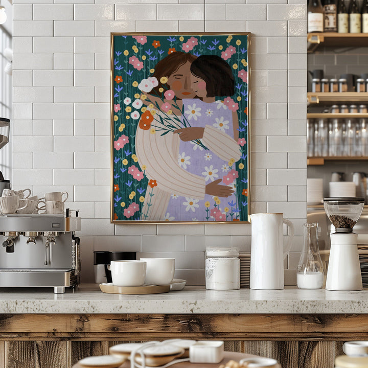 Mother and Daughter in wildflower garden - Stretched Canvas, Poster or Fine Art Print I Heart Wall Art