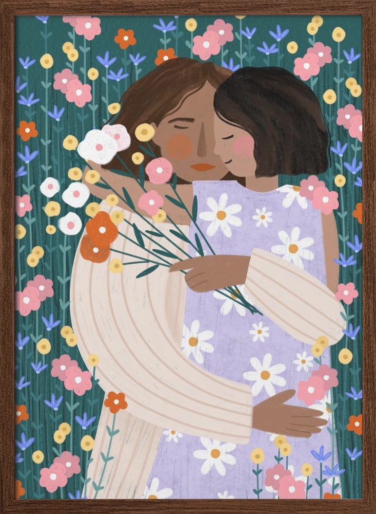 Mother and Daughter in wildflower garden - Stretched Canvas, Poster or Fine Art Print I Heart Wall Art