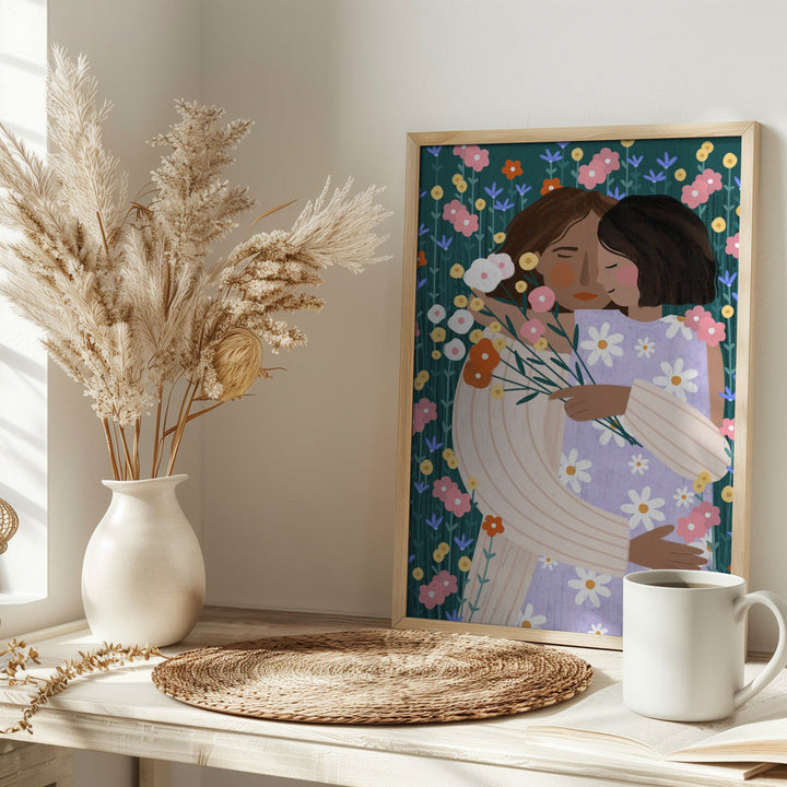 Mother and Daughter in wildflower garden - Stretched Canvas, Poster or Fine Art Print I Heart Wall Art