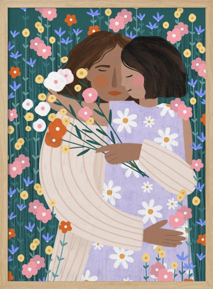 Mother and Daughter in wildflower garden - Stretched Canvas, Poster or Fine Art Print I Heart Wall Art