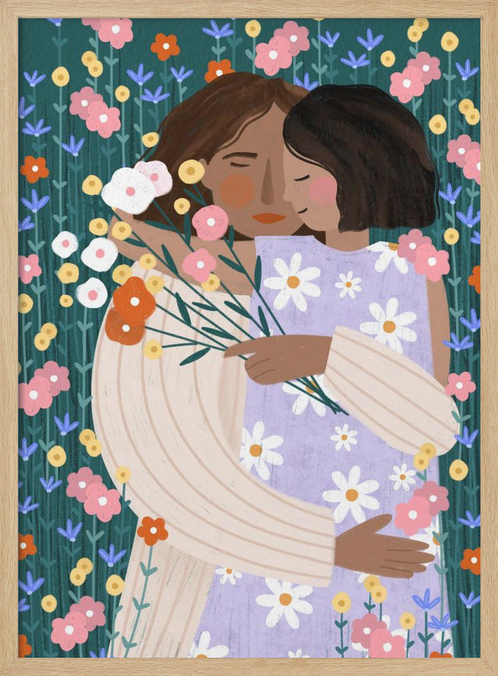 Mother and Daughter in wildflower garden - Stretched Canvas, Poster or Fine Art Print I Heart Wall Art