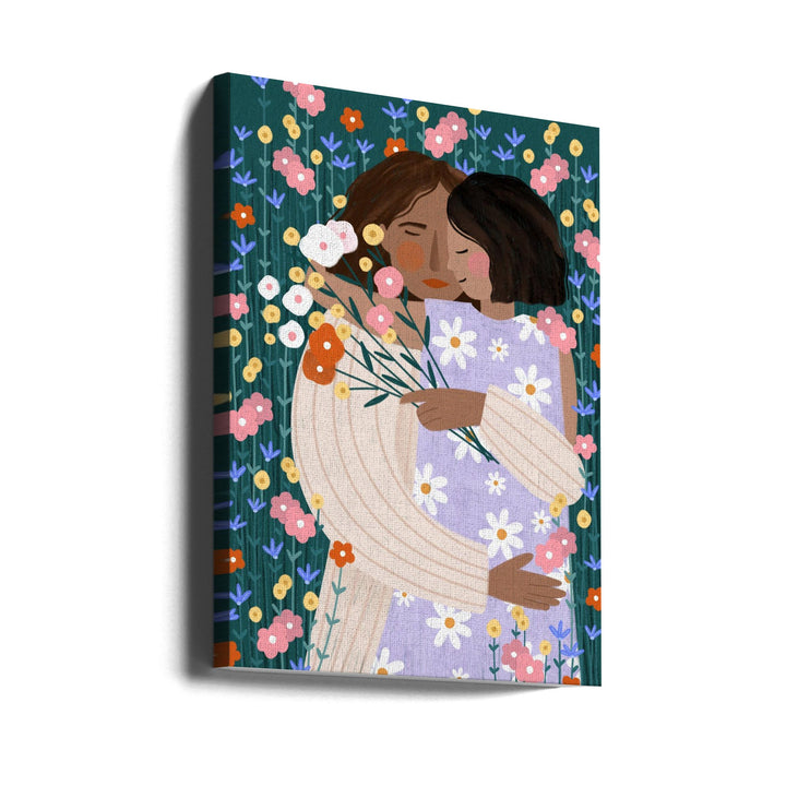 Mother and Daughter in wildflower garden - Stretched Canvas, Poster or Fine Art Print I Heart Wall Art