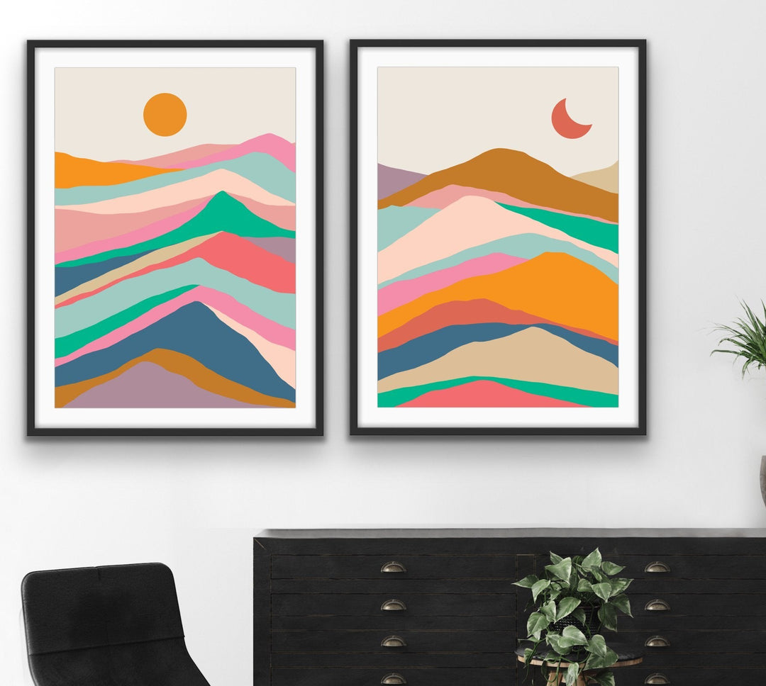 Mountain Pass - Two Piece Colourful Landscape Geometric Print Set Diptych - I Heart Wall Art