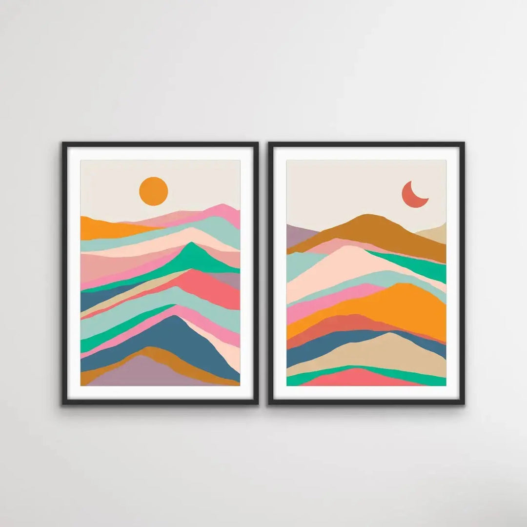 Mountain Pass - Two Piece Colourful Landscape Geometric Print Set Diptych - I Heart Wall Art