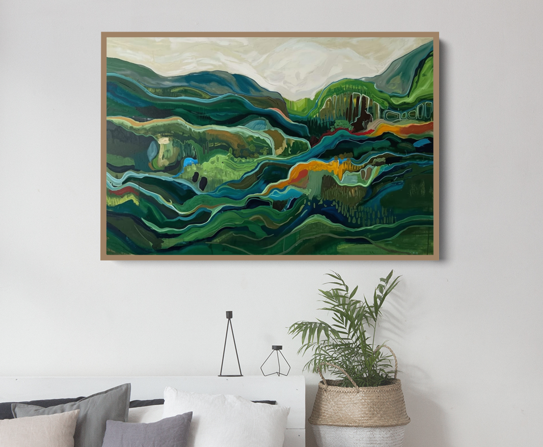 Modern bedroom with a bed, side tables, and a large painting of a forest scene on the wall.