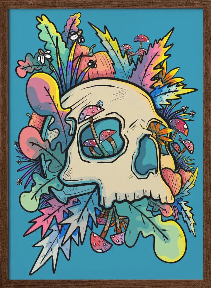 Mushrooms and the Colourful Skull - Stretched Canvas, Poster or Fine Art Print I Heart Wall Art