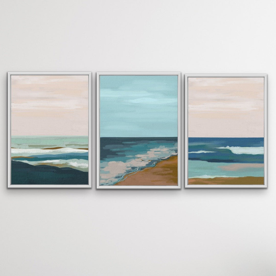My Beach Memories - Three Piece Blue Pink Surreal Landscape Print Set on Paper Or Canvas Triptych - I Heart Wall Art