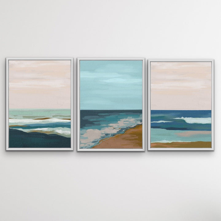 My Beach Memories - Three Piece Blue Pink Surreal Landscape Print Set on Paper Or Canvas Triptych - I Heart Wall Art