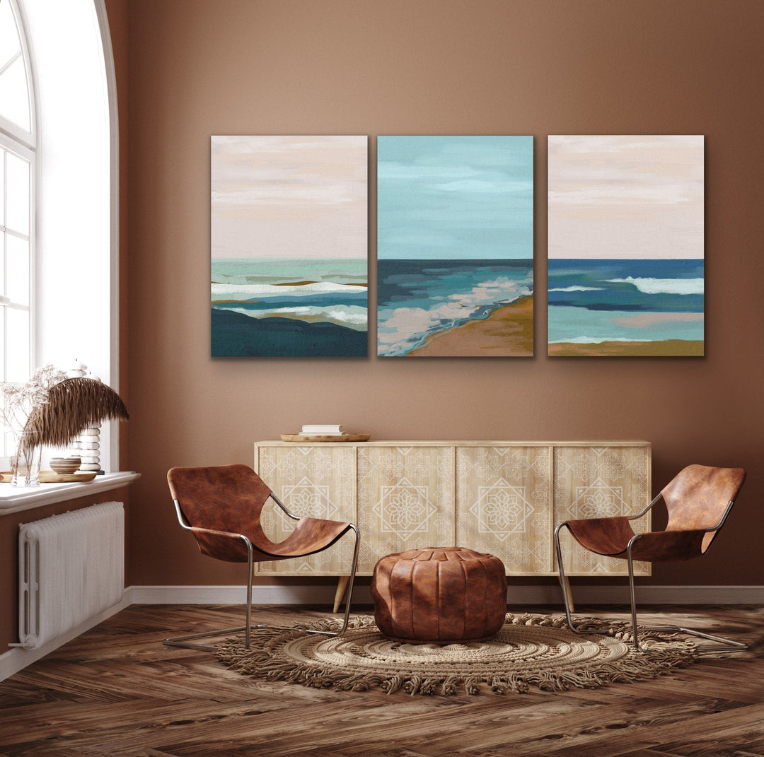 My Beach Memories - Three Piece Blue Pink Surreal Landscape Print Set on Paper Or Canvas Triptych - I Heart Wall Art