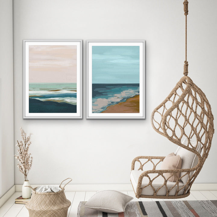 My Beach Memories - Three Piece Blue Pink Surreal Landscape Print Set on Paper Or Canvas Triptych - I Heart Wall Art