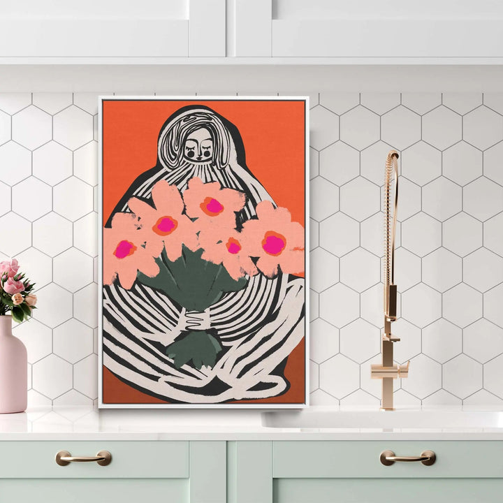 A framed fine art print of my lovely flowers by Treechild featuring a black and white figure holding pink flowers on orange background