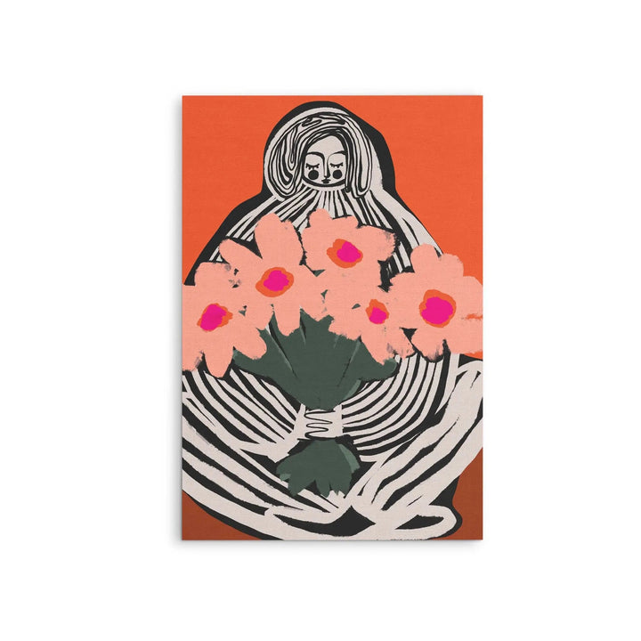 My Lovely Flowers orange rectangular stretched canvas print by Treechild with black and white striped figure holding pink flowers