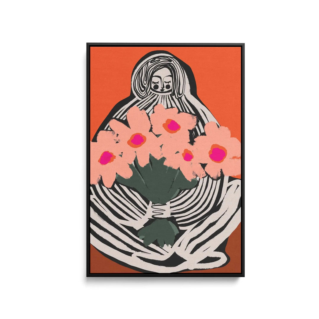 A framed fine art print of my lovely flowers by Treechild showing a black and white figure holding peach flowers on orange background
