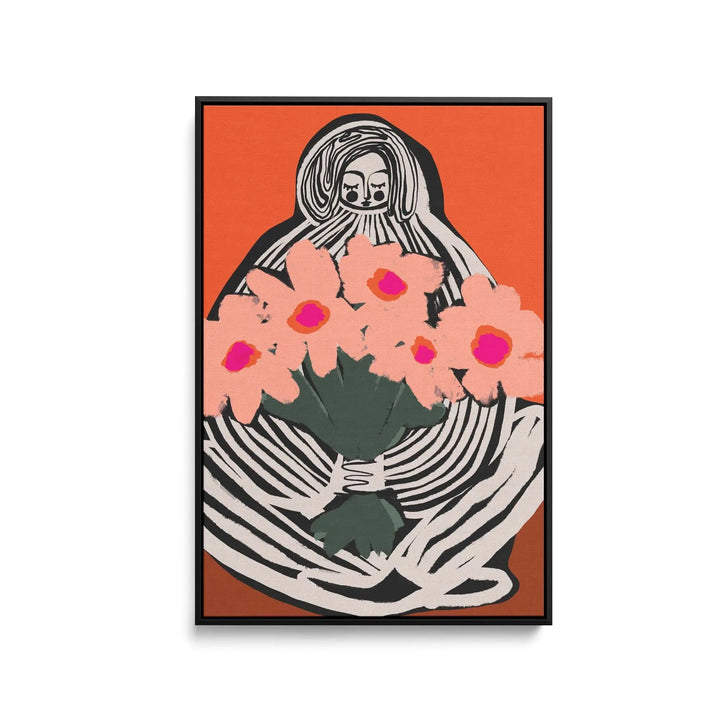 A framed fine art print of my lovely flowers by Treechild showing a black and white figure holding peach flowers on orange background