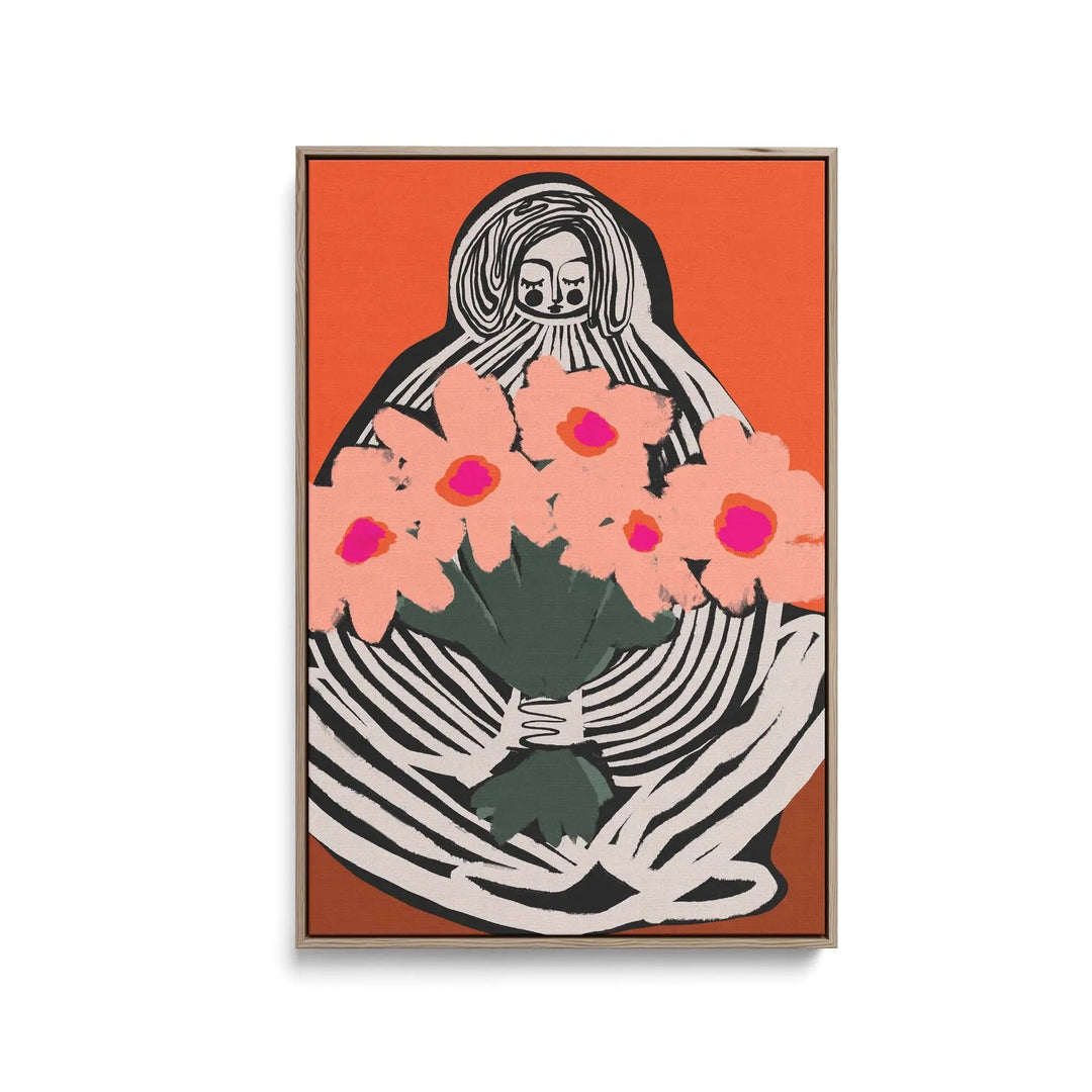 A framed fine art print of my lovely flowers by Treechild featuring a black and white figure holding pink flowers on orange background