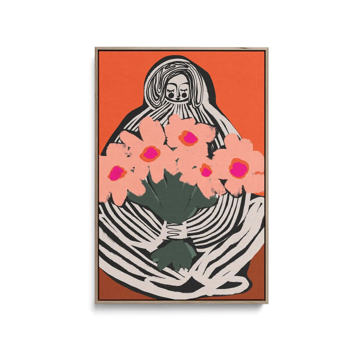 A framed fine art print of my lovely flowers by Treechild featuring a black and white figure holding pink flowers on orange background