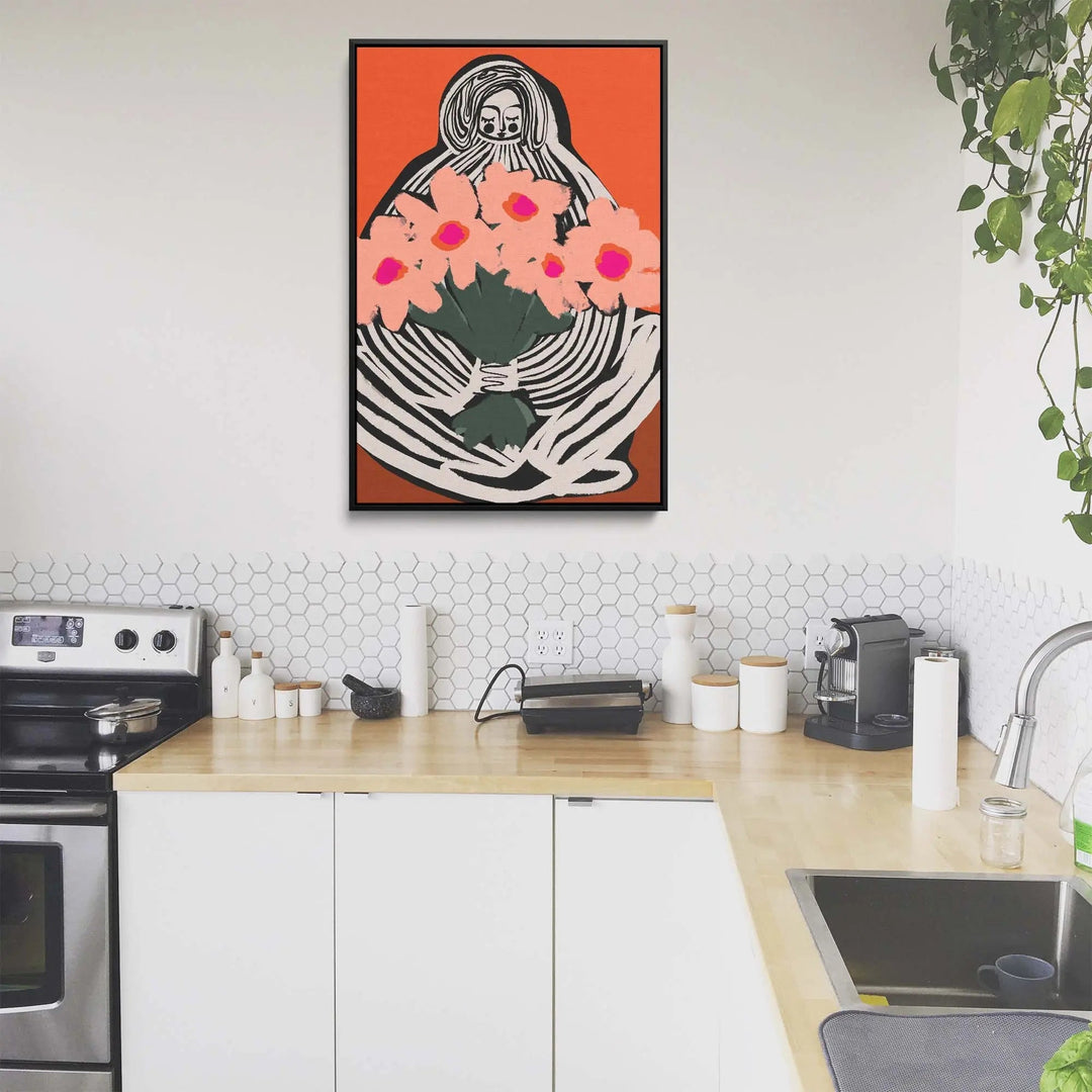 A framed fine art print by treechild featuring a stylized figure holding pink flowers on an orange background