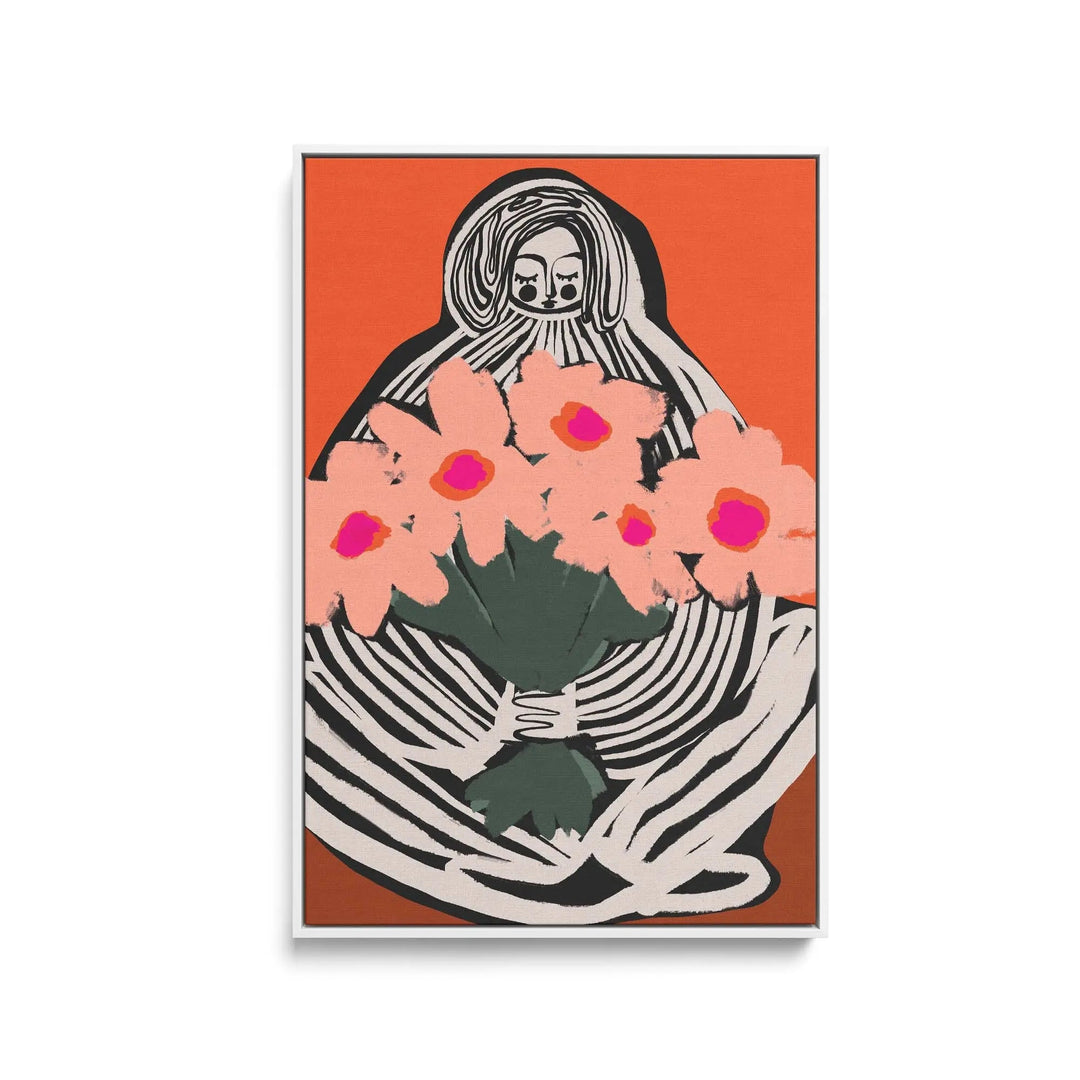 My lovely flowers by treechild stretched canvas print features a black and white striped figure holding pink flowers on orange background