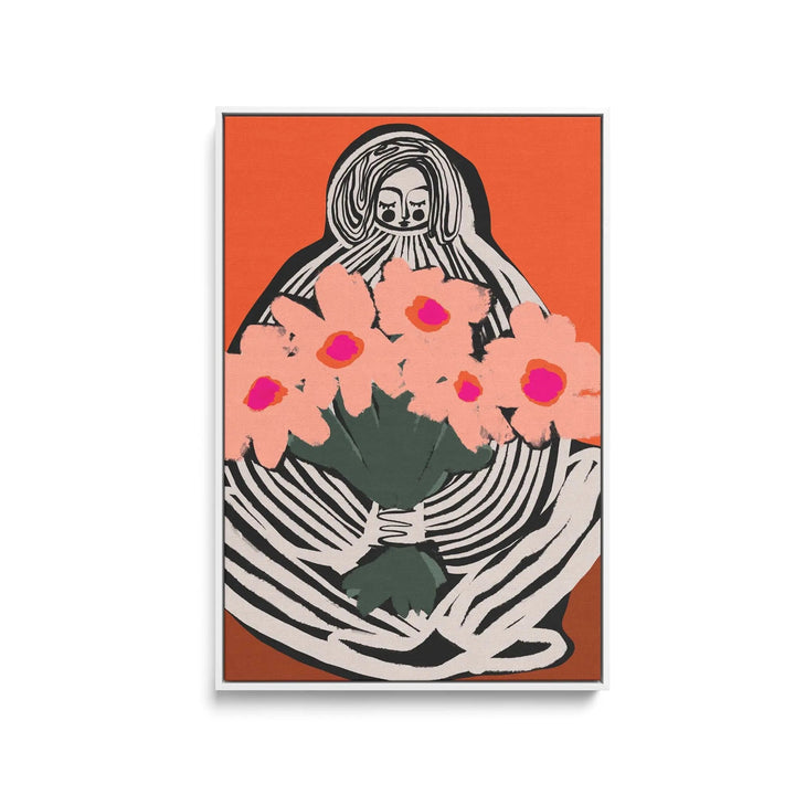 My lovely flowers by treechild stretched canvas print features a black and white striped figure holding pink flowers on orange background