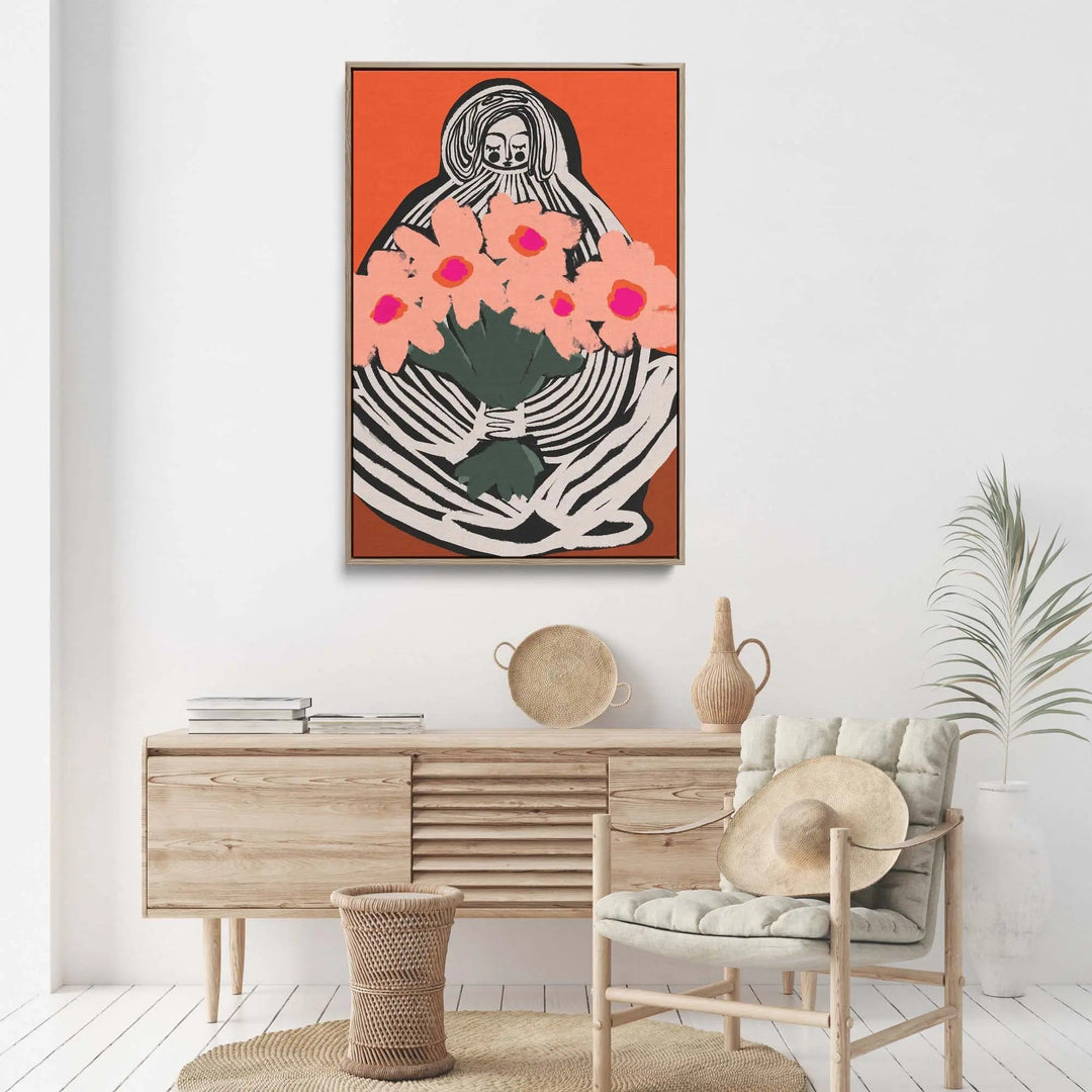 A framed fine art print of my lovely flowers by Treechild featuring a black and white figure with pink flowers on orange