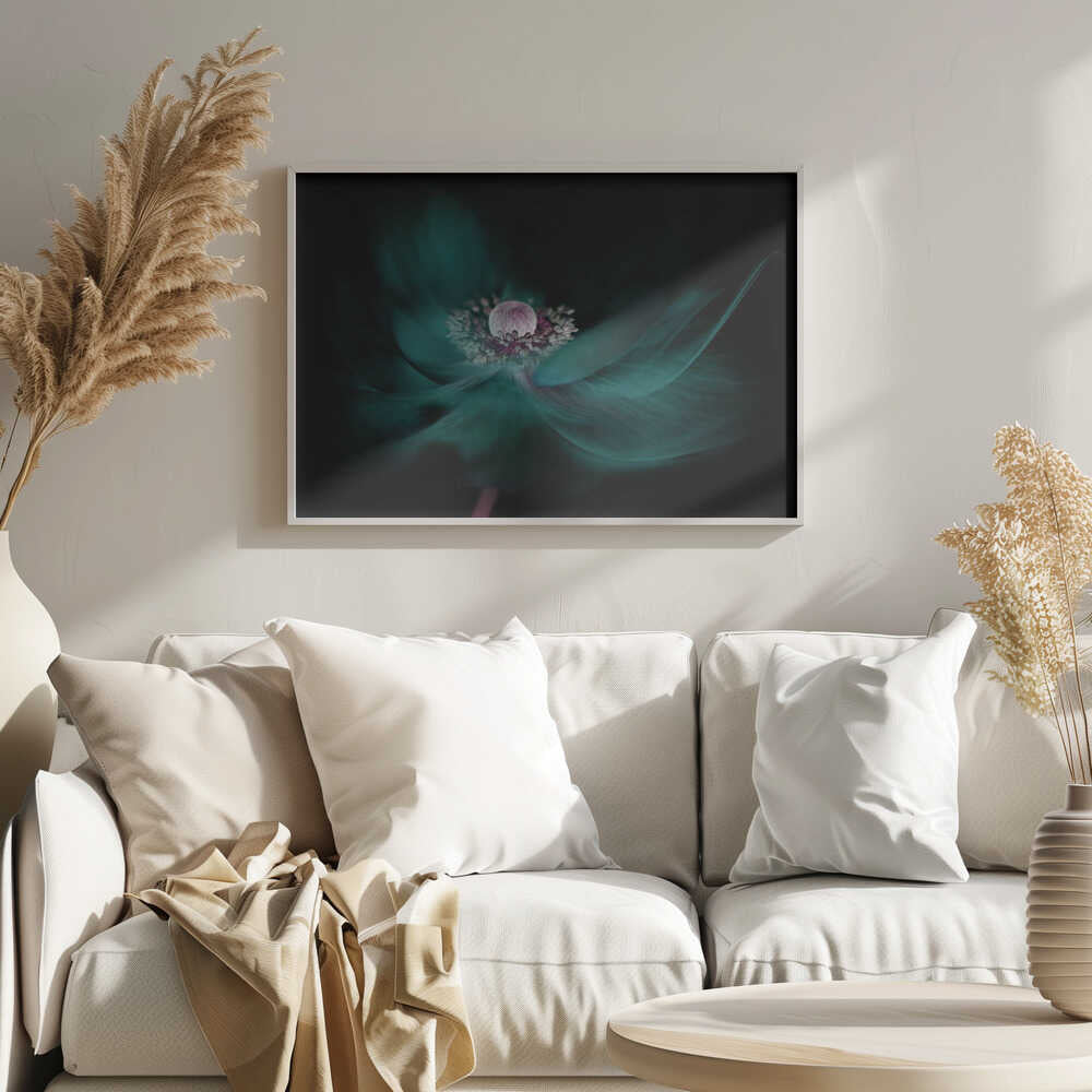 Mysterious Teal Flower - Floral Photographic Stretched Canvas Poster or Fine Art Print