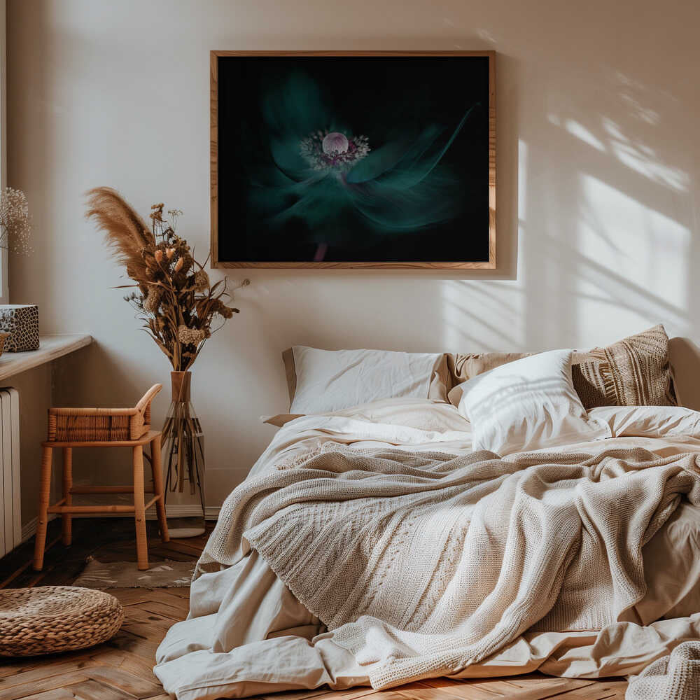 Mysterious Teal Flower - Floral Photographic Stretched Canvas Poster or Fine Art Print