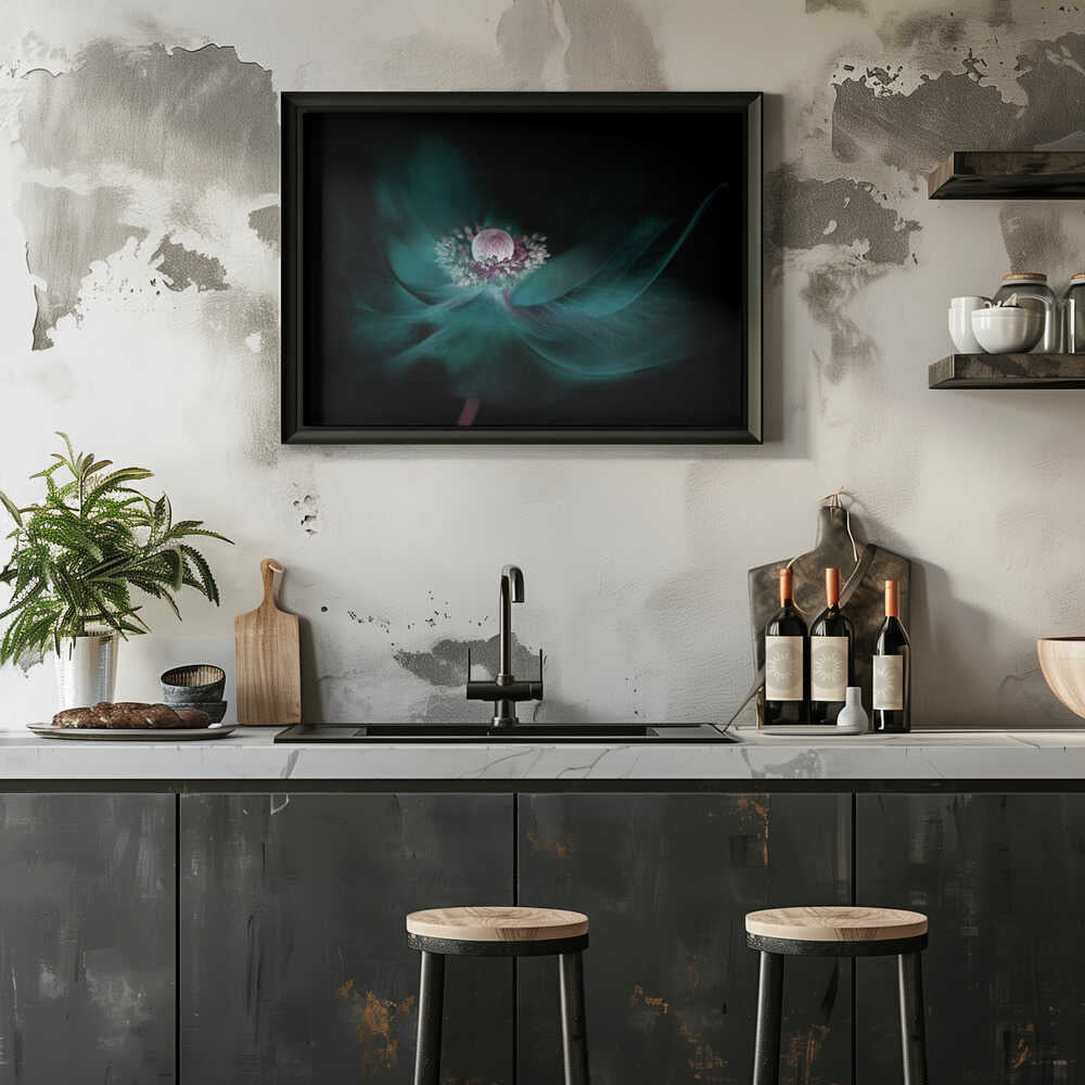 Mysterious Teal Flower - Floral Photographic Stretched Canvas Poster or Fine Art Print