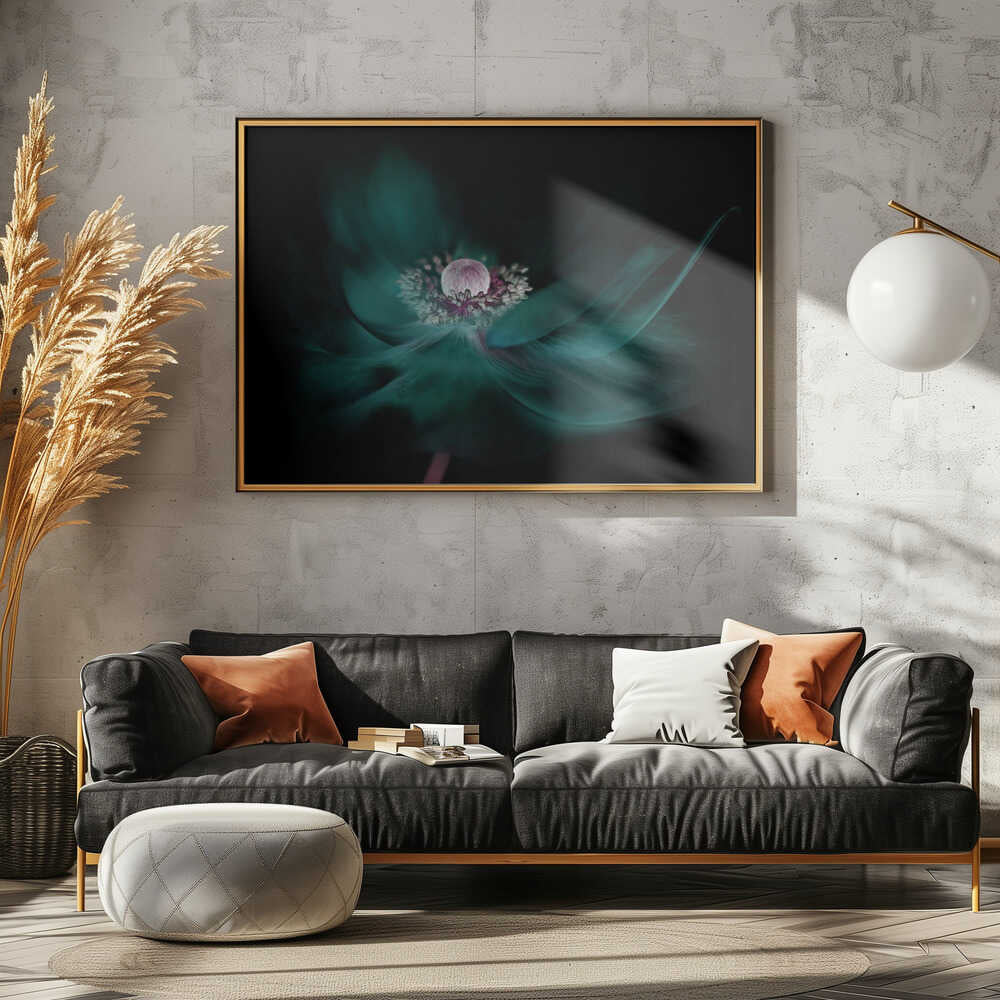 Mysterious Teal Flower - Floral Photographic Stretched Canvas Poster or Fine Art Print