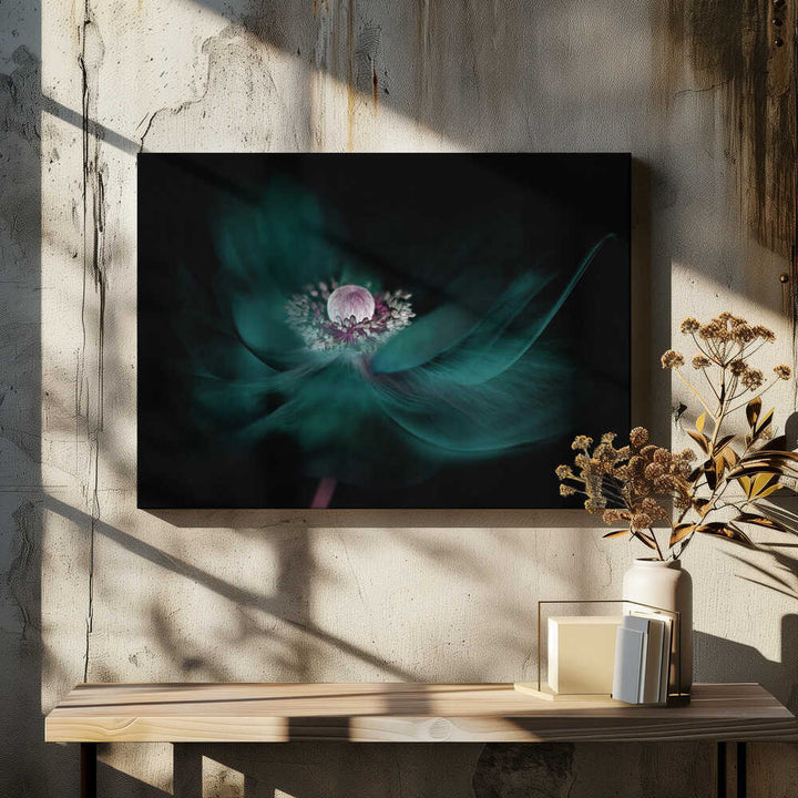 Mysterious Teal Flower - Floral Photographic Stretched Canvas Poster or Fine Art Print