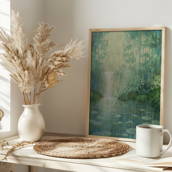 Mysterious Waterfall And Waterlily Pond - Stretched Canvas, Poster or Fine Art Print - I Heart Wall Art - Poster Print, Canvas Print or Framed Art Print