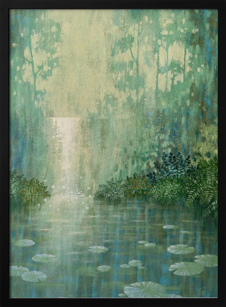 Mysterious Waterfall And Waterlily Pond - Stretched Canvas, Poster or Fine Art Print - I Heart Wall Art - Poster Print, Canvas Print or Framed Art Print