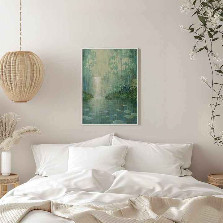 Mysterious Waterfall And Waterlily Pond - Stretched Canvas, Poster or Fine Art Print - I Heart Wall Art - Poster Print, Canvas Print or Framed Art Print