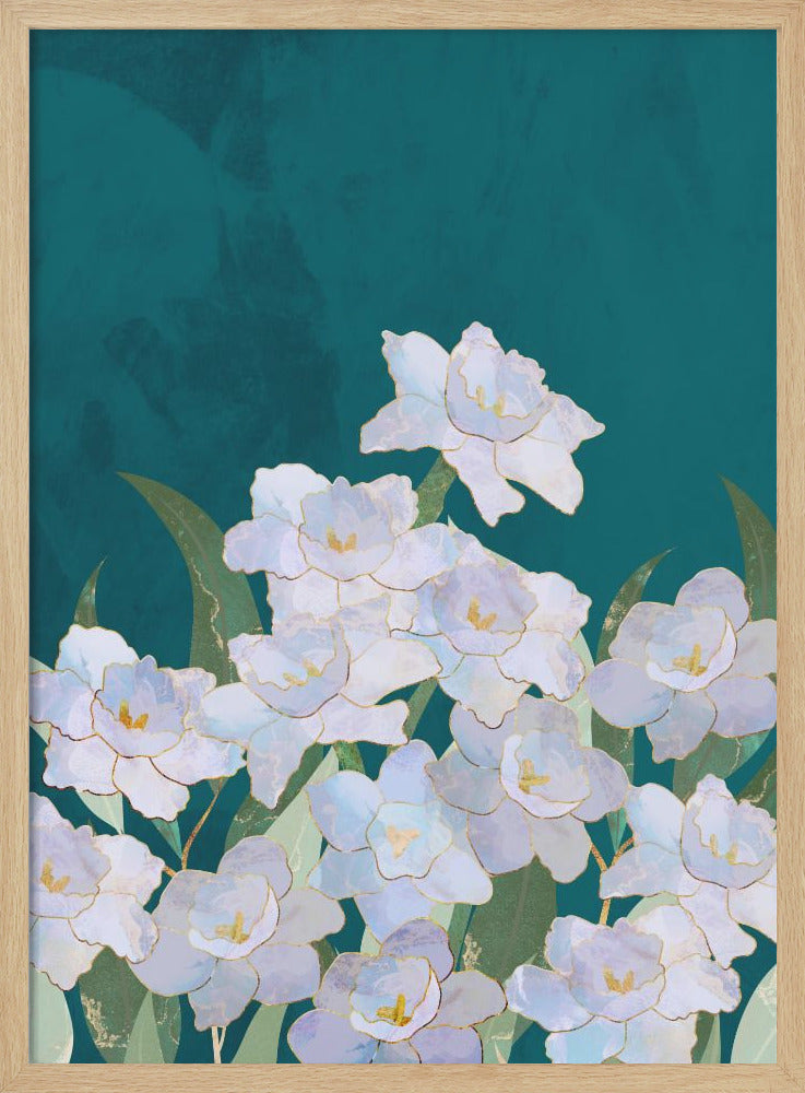 Narcissuss Flowers Turquouise - Stretched Canvas, Poster or Fine Art Print I Heart Wall Art