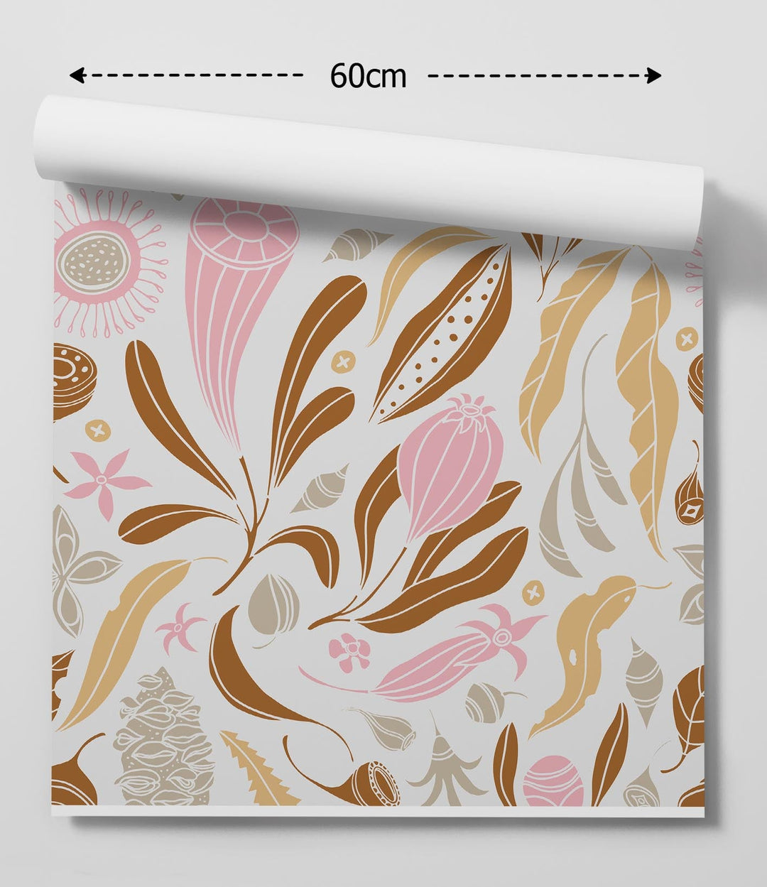A roll of peel and stick native heart wallpaper with a delicate bohemian kiss floral pattern in pink brown and beige tones