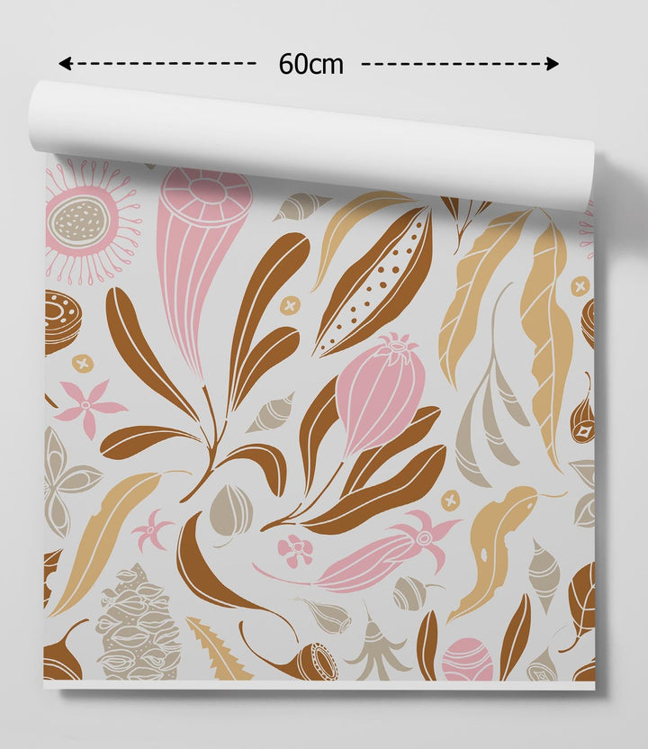 A roll of peel and stick native heart wallpaper with a delicate bohemian kiss floral pattern in pink brown and beige tones