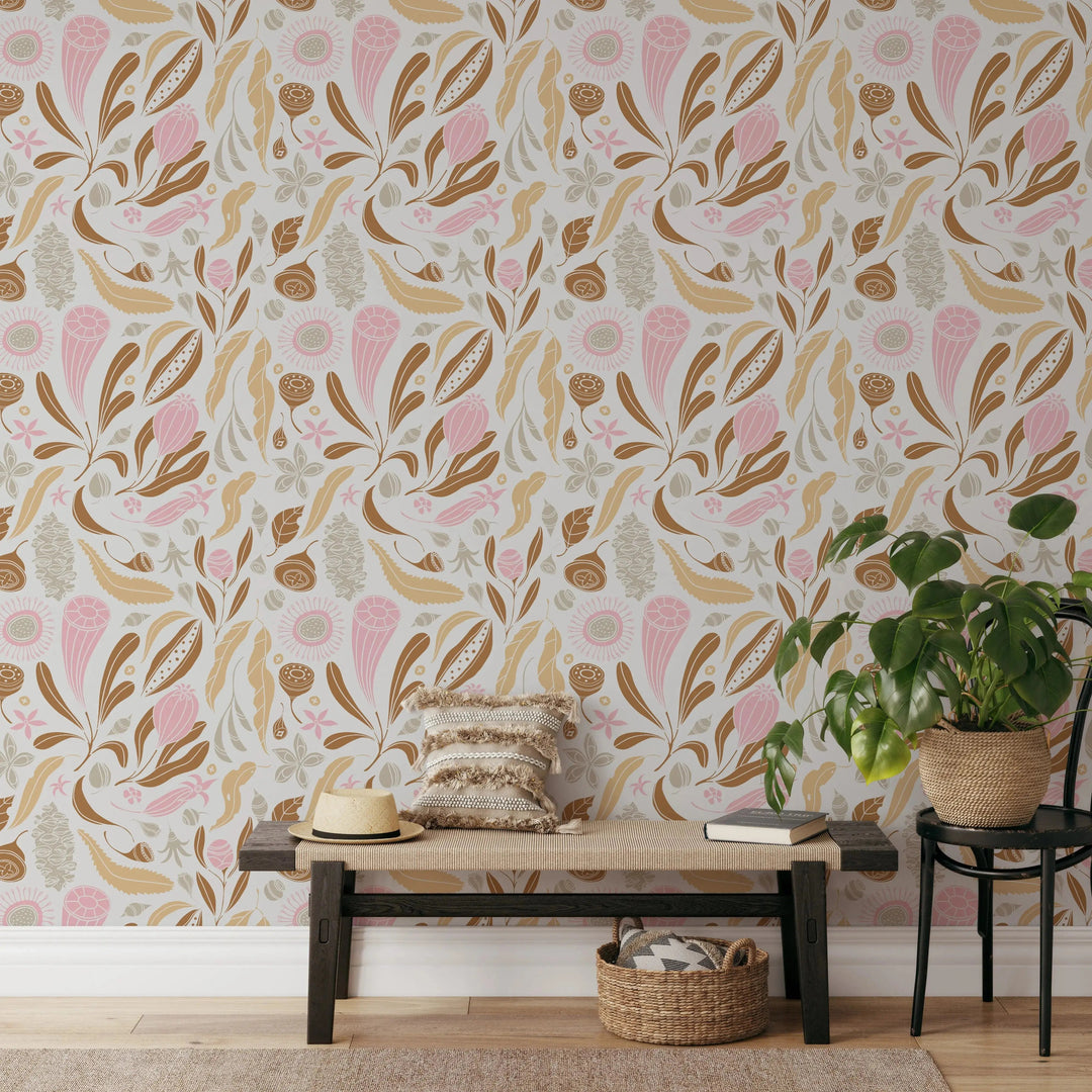 Native Heart Wallpaper In Bohemian Kiss - Australian Native Floral Design- Peel and Stick Removable Wallpaper I Heart Wall Art Australia 