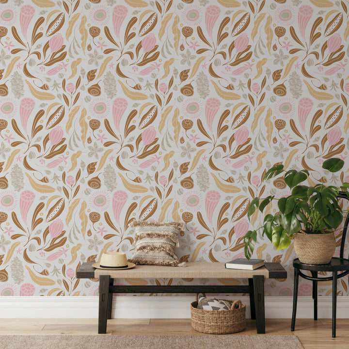 Native Heart Wallpaper In Bohemian Kiss - Australian Native Floral Design- Peel and Stick Removable Wallpaper I Heart Wall Art Australia 