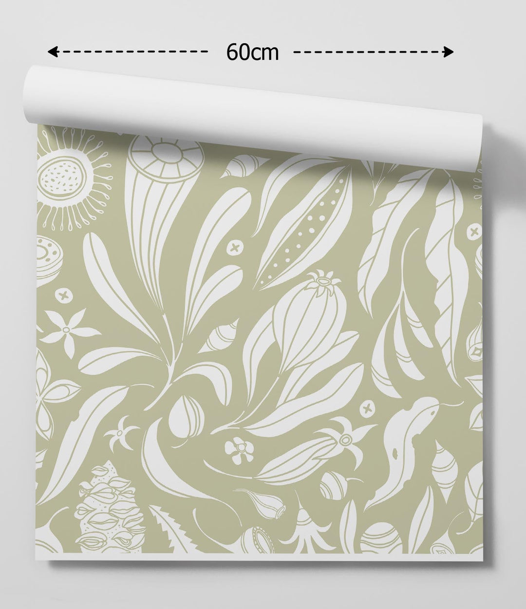 A roll of olive green peel and stick wallpaper with intricate white australian native floral design pattern