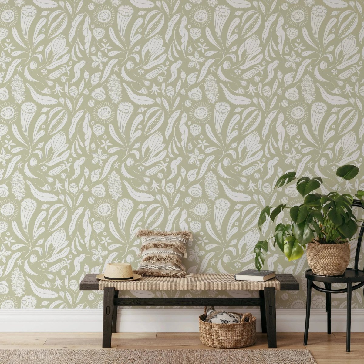 Native Heart Wallpaper In Summer Song - Australian Native Floral Design - Peel and Stick Removable Wallpaper - I Heart Wall Art - Poster Print, Canvas Print or Framed Art Print