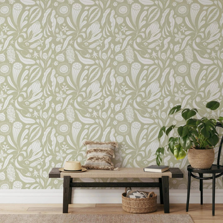 Native Heart Wallpaper In Summer Song - Australian Native Floral Design - Peel and Stick Removable Wallpaper - I Heart Wall Art - Poster Print, Canvas Print or Framed Art Print
