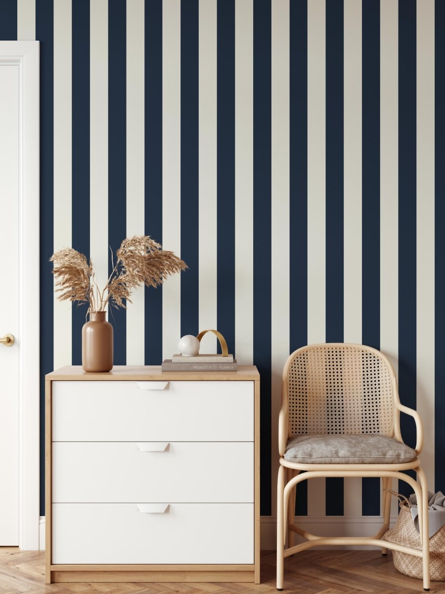 Navy and Cream Stripe Wallpaper - Quality Peel and Stick Adhesive Wallpaper - I Heart Wall Art - Poster Print, Canvas Print or Framed Art Print