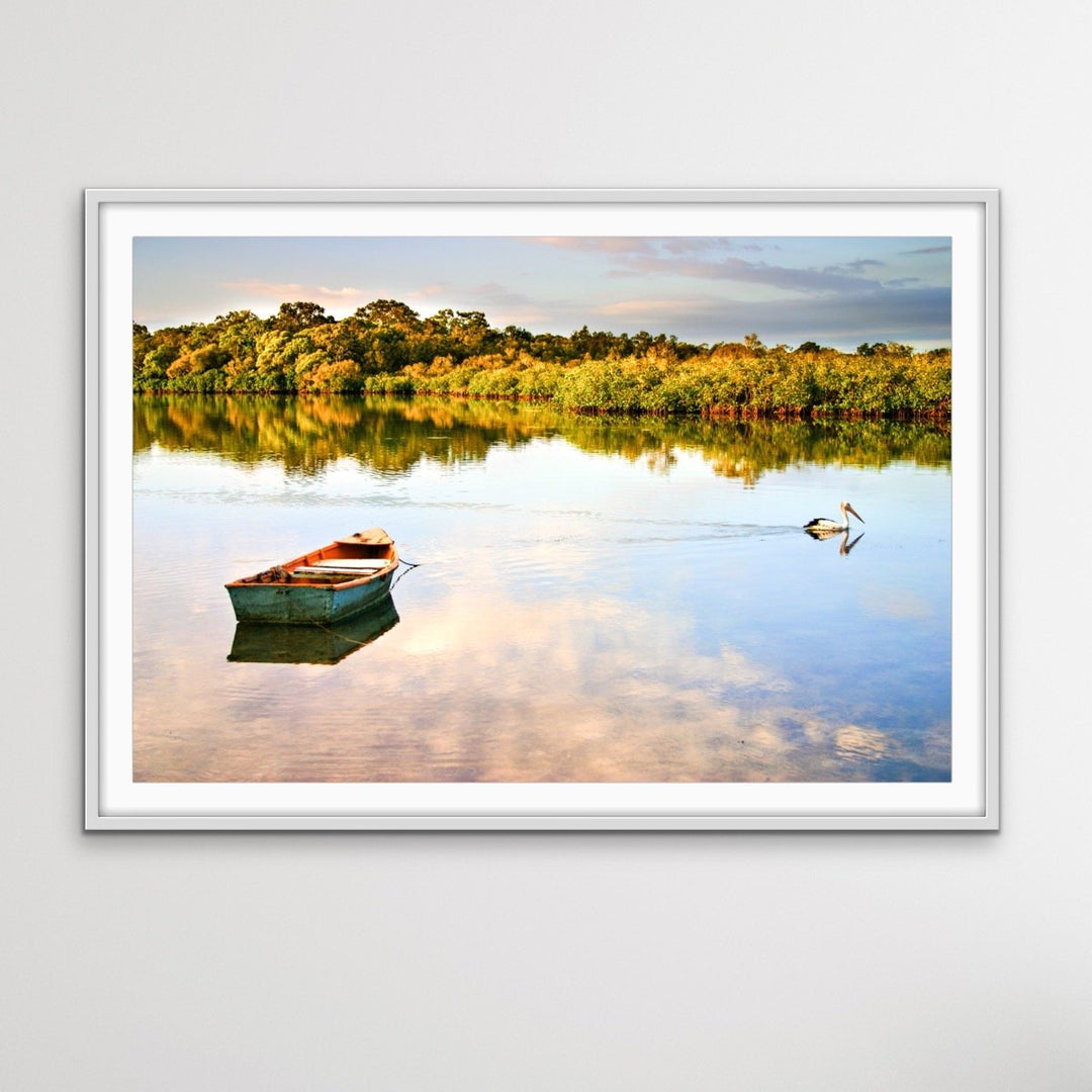 Noosa River - Pelican and Dinghy Sunshine Coast Photographic Art Print - I Heart Wall Art