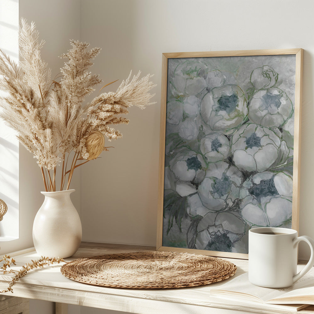 Nuria bouquet of peonies in teal and green - Stretched Canvas, Poster or Fine Art Print I Heart Wall Art