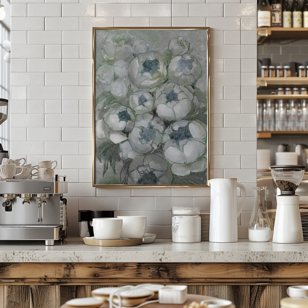 Nuria bouquet of peonies in teal and green - Stretched Canvas, Poster or Fine Art Print I Heart Wall Art