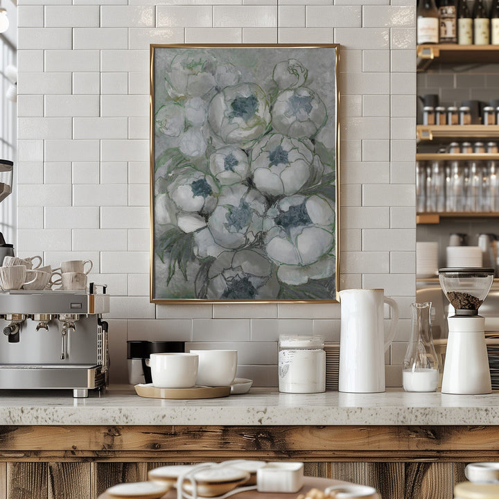 Nuria bouquet of peonies in teal and green - Stretched Canvas, Poster or Fine Art Print I Heart Wall Art