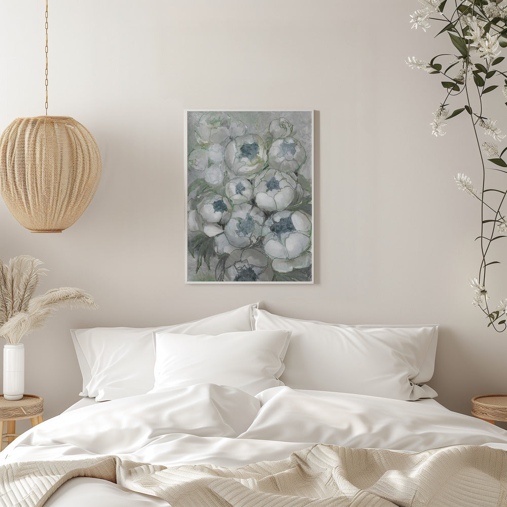 Nuria bouquet of peonies in teal and green - Stretched Canvas, Poster or Fine Art Print I Heart Wall Art